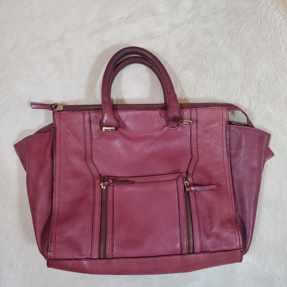 Zara Women's Large Genuine Leather Tote Bag Burgundy Gold Hardware Satchel - Picture 2 of 14